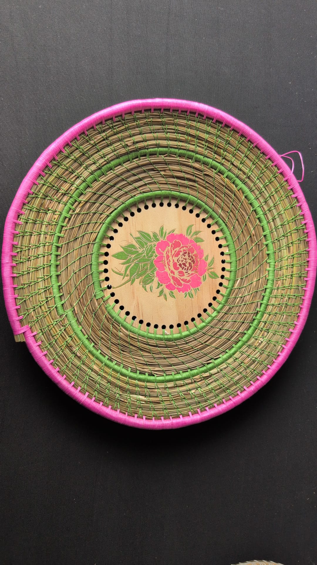 32cm pine needle coiled bowl with hand painted base