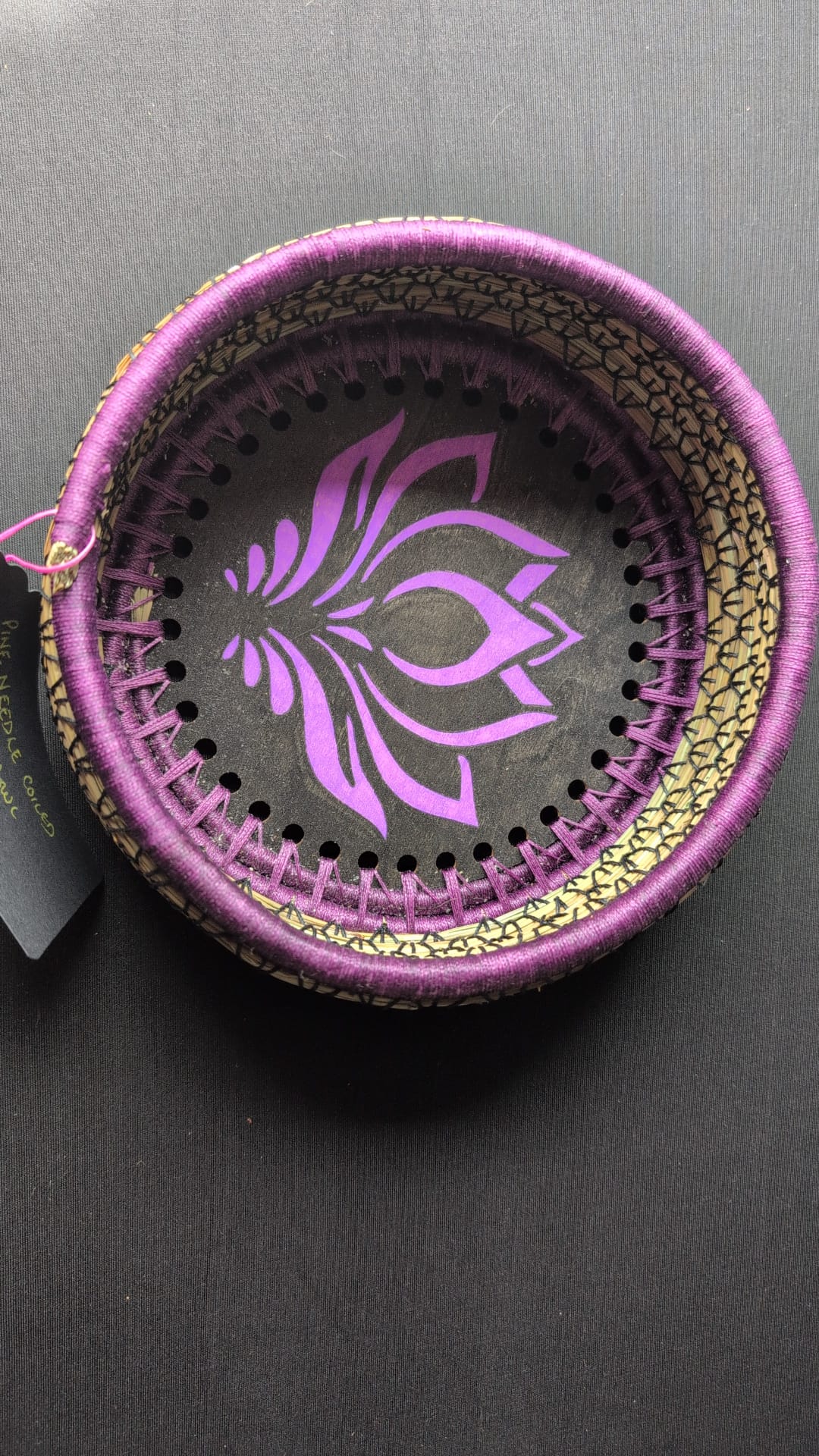 19cm pine needle coiled bowl with hand painted base