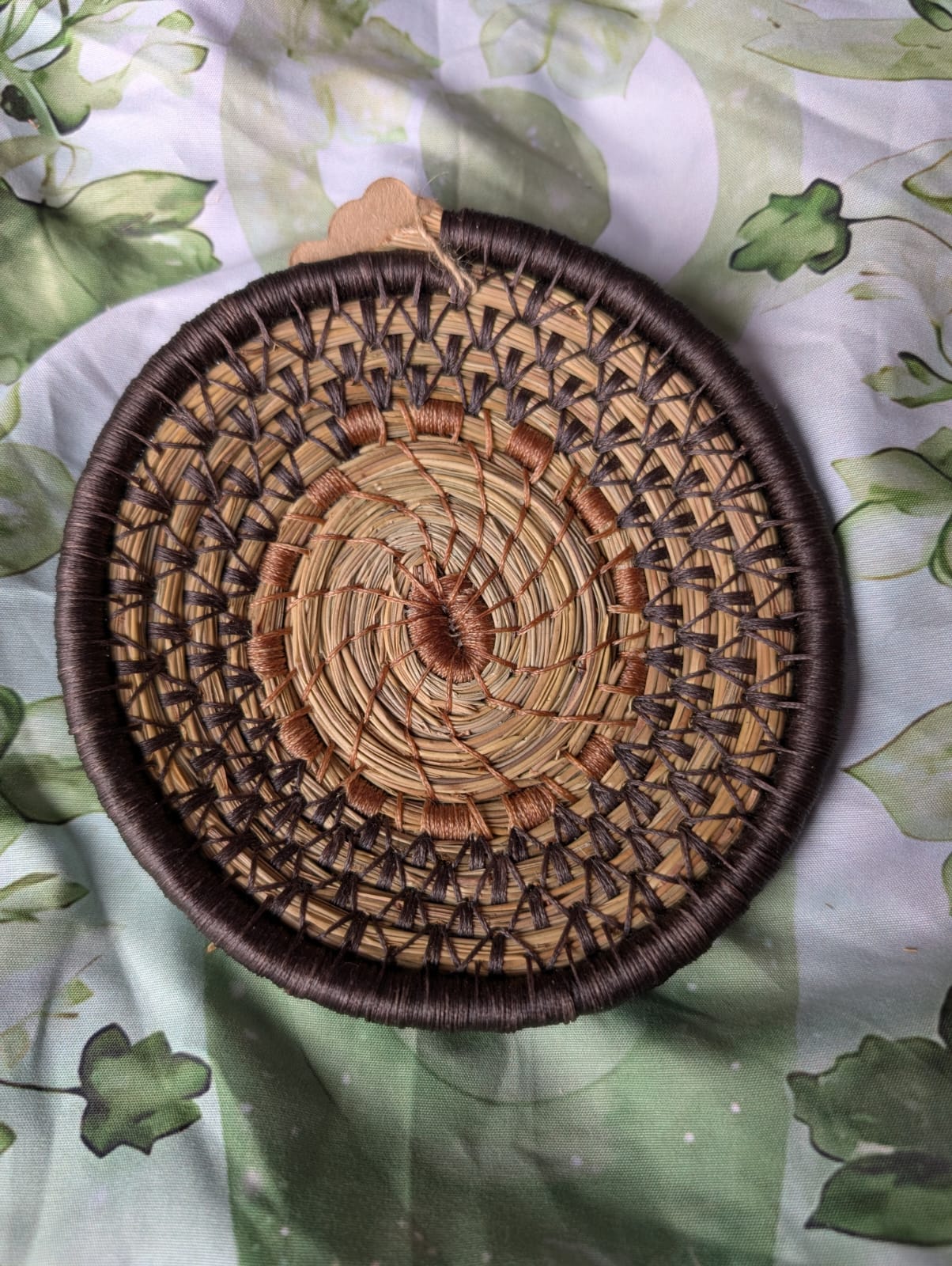15cm brown hand coiled pine needle offering dish