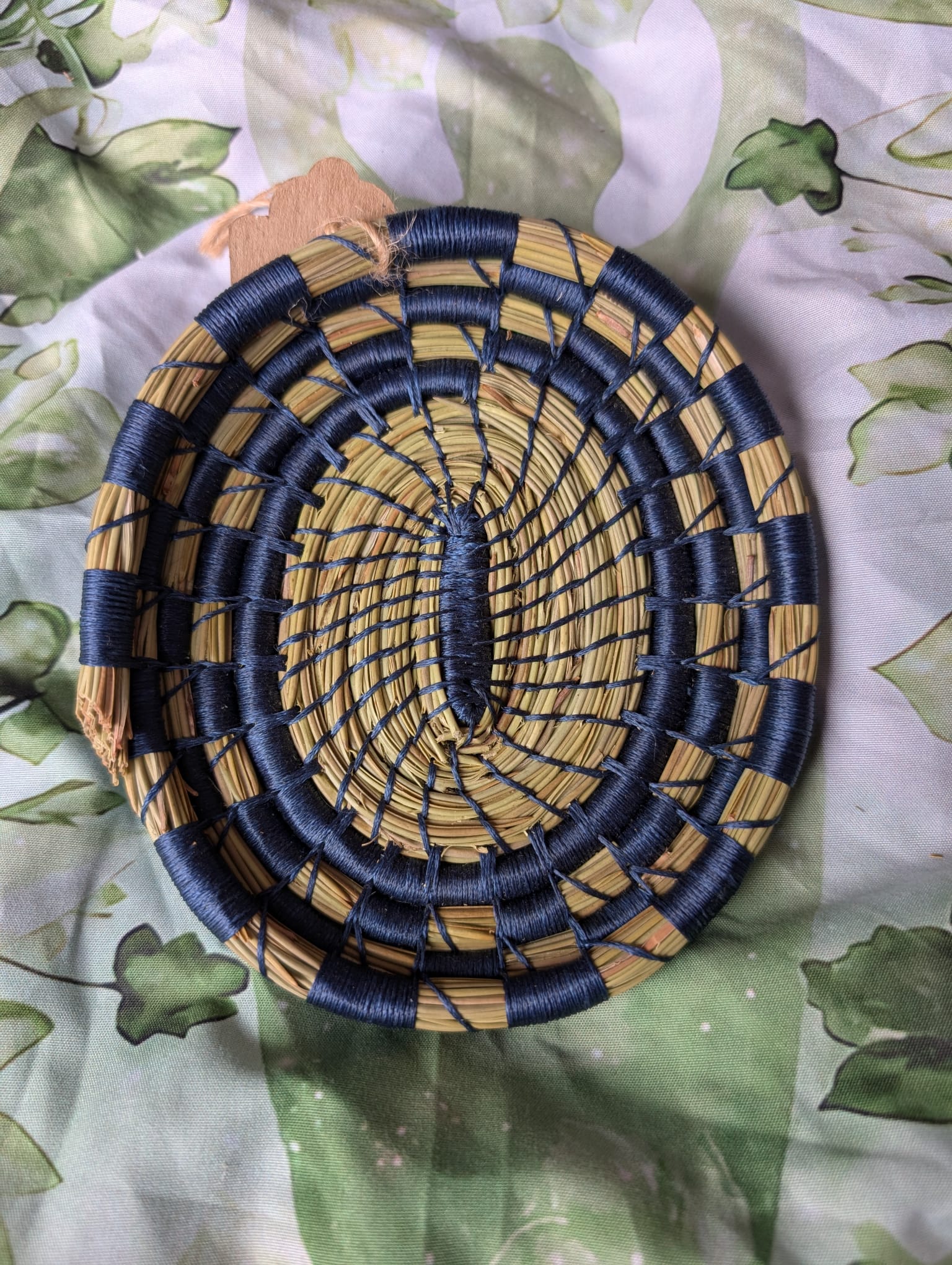 15cm blue hand coiled pine needle offering dish